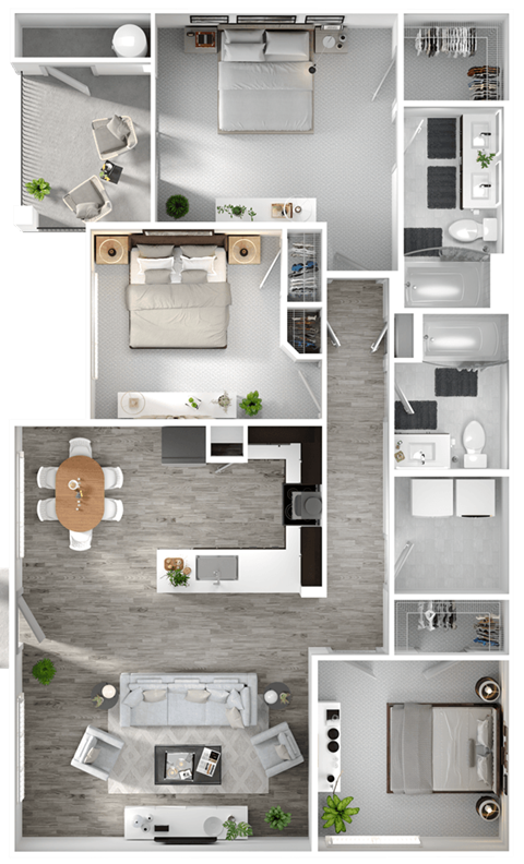 A floor plan of a house with a kitchen, living room, dining room, and bedrooms.